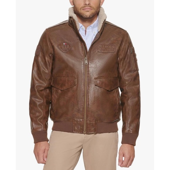 Tommy Hilfiger Men's Faux Leather Bomber Jacket Sherpa Collar Brown Size S